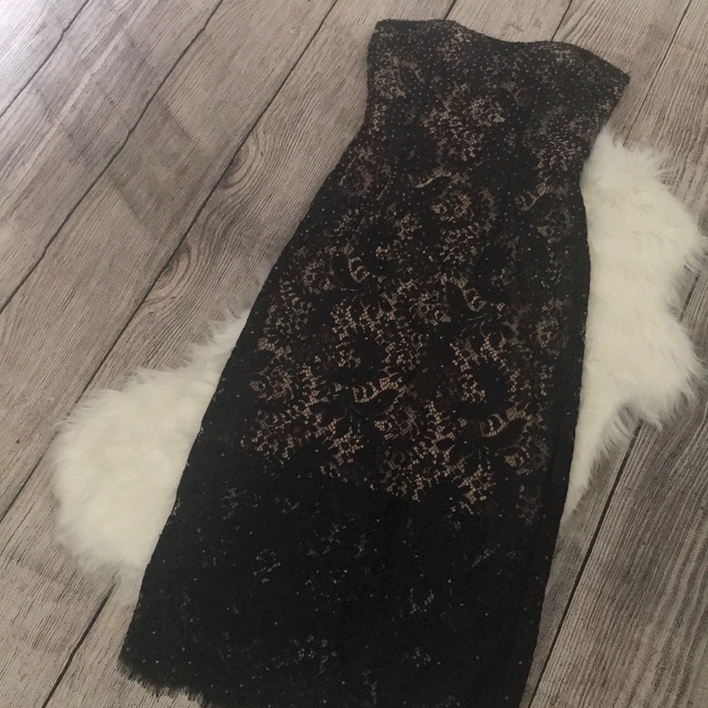 Jovani strapless beaded lace midi cocktail dress